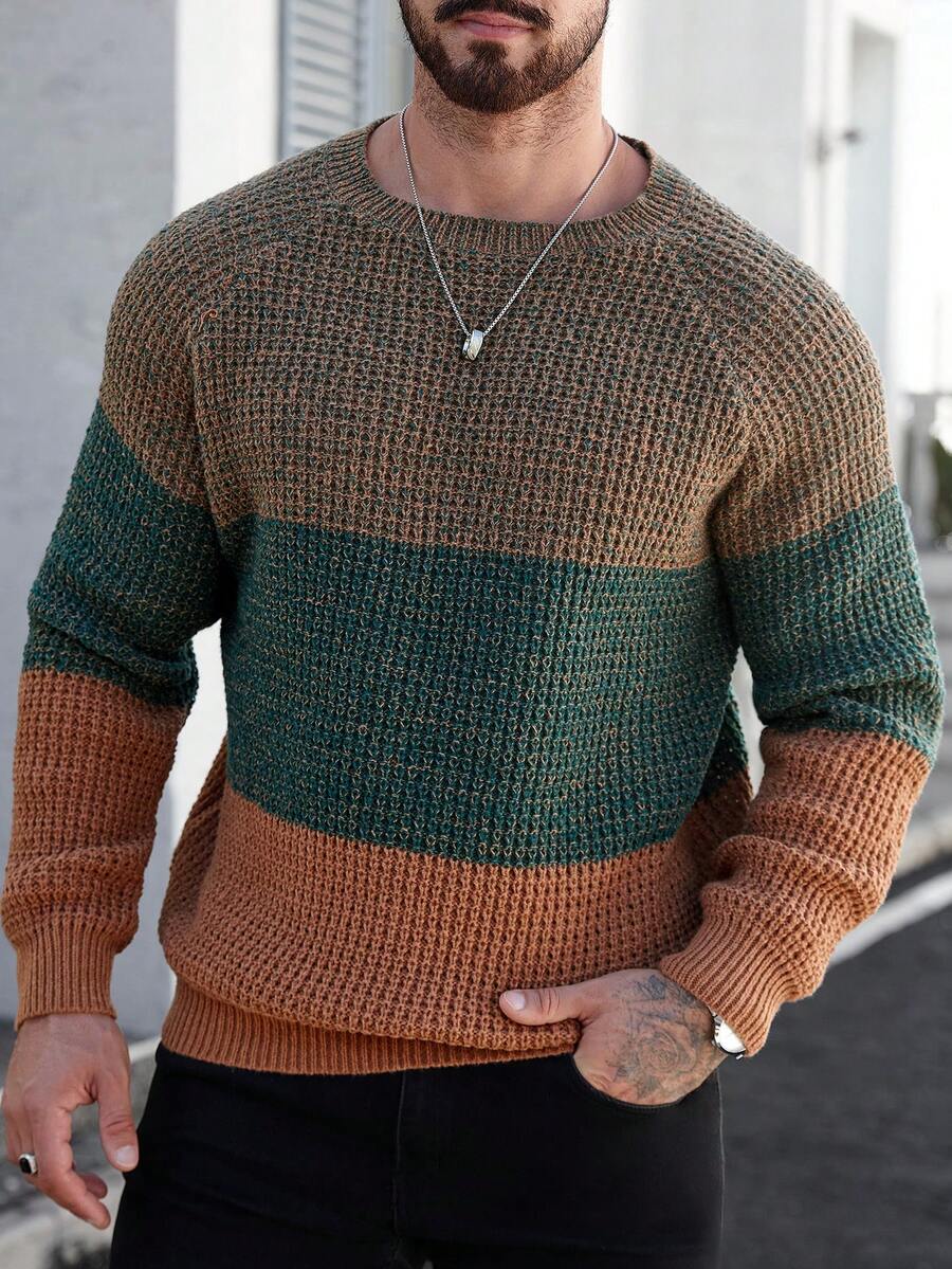 Manfinity Homme Men's Plus Size Colorblock Raglan Long Sleeve Casual 80s Sweater Vacation Work Khaki Autumn - Multicolor - View 1