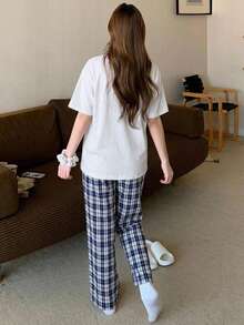 DAZY 2件組女款夏季居家休閒套裝，寬鬆短袖T恤搭配格紋直筒長版睡褲 - 白色 - 查看 2
