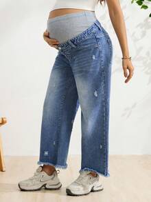 SHEIN Maternity Casual Loose Fit Washed Distressed Straight Leg Jeans Winter Holiday Outfits For Women, Baby Shower Beach Formal Gender Reveal Blue - Medium Wash - View 3