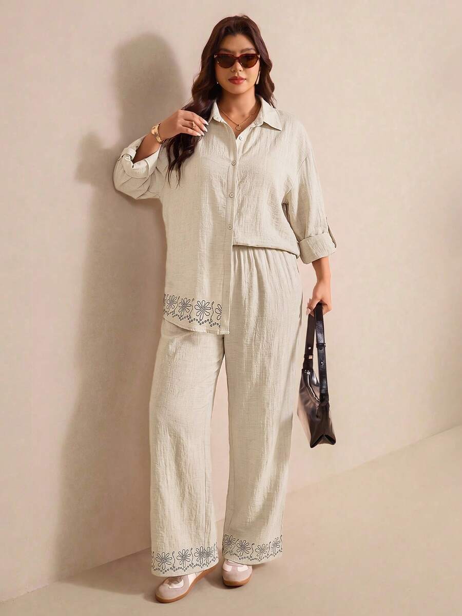 Elaquor 大尺碼休閒極簡基本條紋女款兩件套,寬鬆版型 - 杏色 - 查看 1