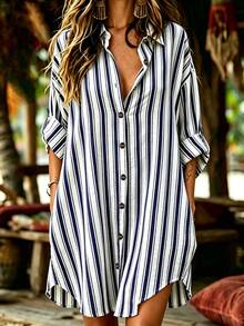 Linhara CURVE Plus Size Woven Striped Fashionable Casual Resort Summer Women's Dress - Blue and White - View 1