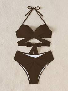 Swim Basics Solid Color Bikini Swimwear, Wireless - Brown - View 3