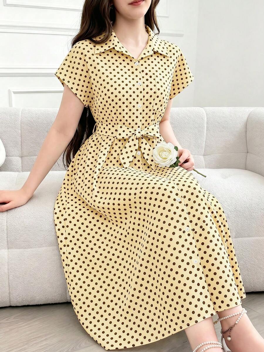 SHEIN 青少年女孩波點圖案短袖單排扣休閒襯衫洋裝 - 黃色 - 查看 1
