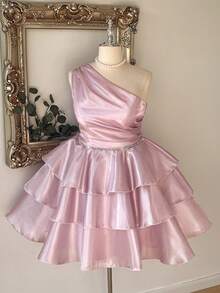 Lovelzi Luxury Plus Size Elegant Pink Shiny Satin Asymmetric Neck Ruched Rhinestone Chain Cinched Waist Three-Layer Tiered Skirt Party Short Prom Dress - Pink - View 4