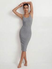 Ocili Studio Women's Spring/Summer Basic Casual Minimalist Dark Grey Rib Fabric Camisole Dress, Loungewear - Light Grey - View 1