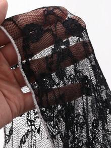 Dazy Plus Elegant Lace Contrast Patchwork Fitted Sheer Short Sleeve Black T-Shirt Spring/Summer Dates Evening Formal Birthday Vacation - Black - View 6