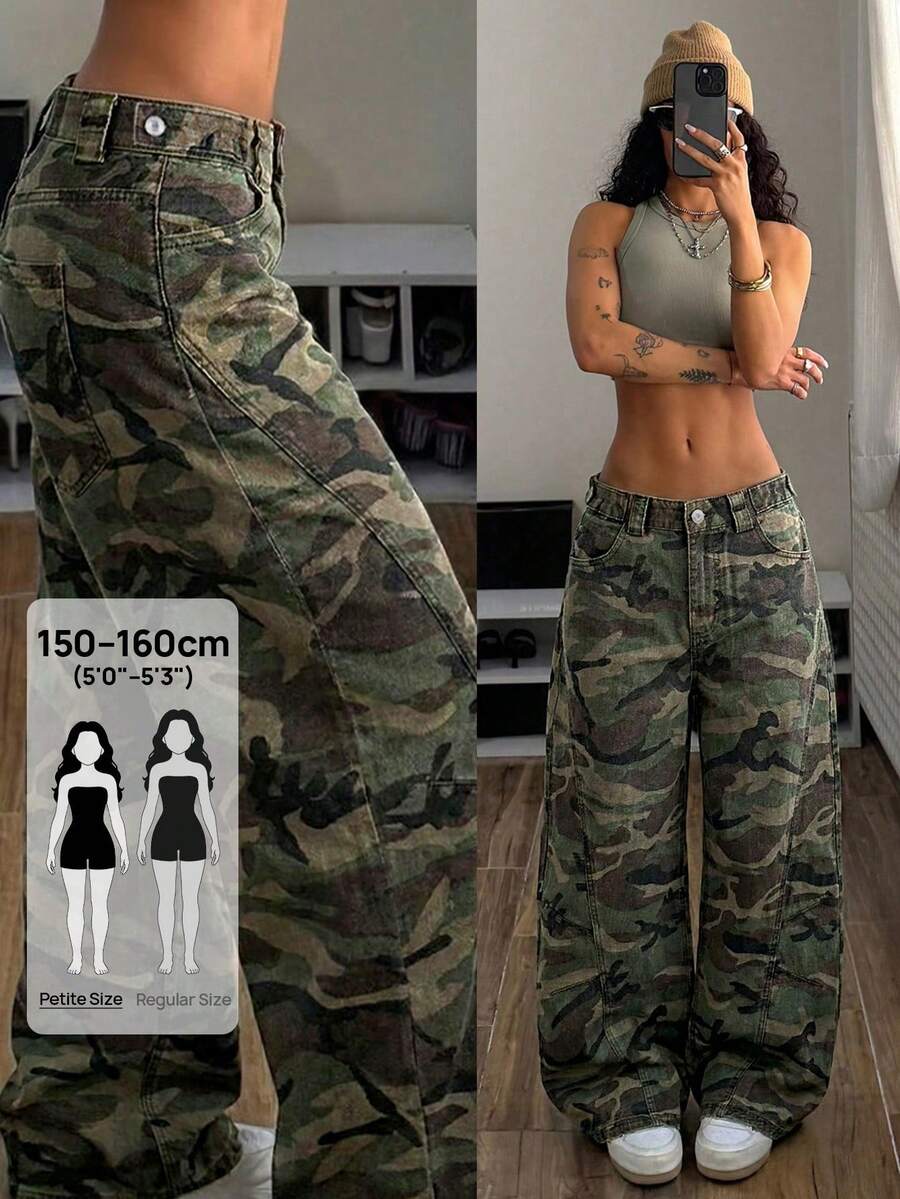 SHEIN PETITE 低腰無彈力橄欖綠寬腿牛仔褲,夏季夜晚街頭穿搭,90年代 Rave Y2K 風格,適合嬌小女性外出日常穿著 - 彩色 - 查看 1