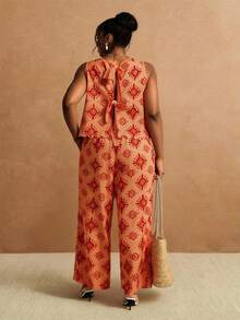 Elaquor Plus Size Casual Boho Minimalist Vacation Print 2 Pieces Set, Women Top + Pants Beach Vacation Vacation Orange Summer - Orange - View 2