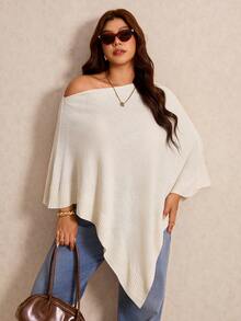Elaquor Plus Size Women's Solid Color Asymmetrical Shoulder Batwing Sleeve Asymmetrical Hem Sweater Winter - Apricot - View 6