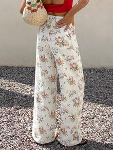 Livesso Jeans casuales para mujer de cintura alta, pierna ancha y sueltos, de algodón con estampado floral blanco, para verano, otoño y el festival de junio - Blanco - Ver 2