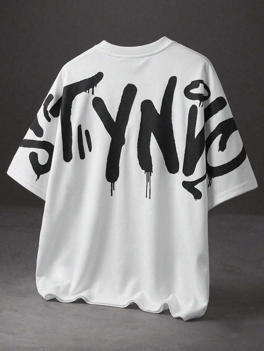 STYNVO 男士極簡風背後字母印花圓領短袖T恤 - 白色 - 查看 1