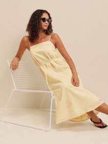 lacRébo Pale Yellow Embroidered Loose Fit Square Neck Midi Dress With Strap At The Waist Summer Holiday Cute French Elegant Cotton Blended Brunch Vacation - Light Yellow - View 1