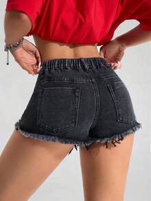 SHEIN Jeanoir Plus Size Women Non-Stretch Black Denim Shorts Washed Denim Hot Pants Cowboy Outfits For Women - Black - View 2