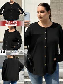 SHEIN CURVE+ 大尺碼休閒優雅傳統素色羅紋鈕扣T恤，2026冬季 22W - 黑色 - 查看 8