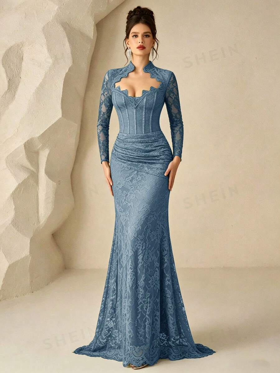 Coutiva 女款蕾絲長款正式晚禮服(精緻設計) - 霧霾藍 - 查看 1