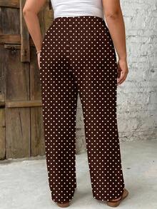 SHEIN PETITE CURVE 大尺碼女款波點圖案腰部繫帶休閒錐形長褲 - 彩色 - 查看 7