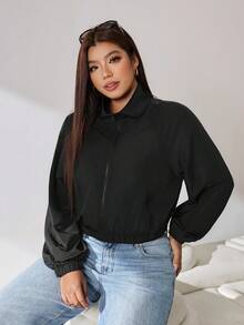 Solflare Autumn New Plus Size Women's Solid Color Raglan Long Sleeve Zip-Up Jacket Go Back To School Hiking Rodeo Cowboy - Black - View 4