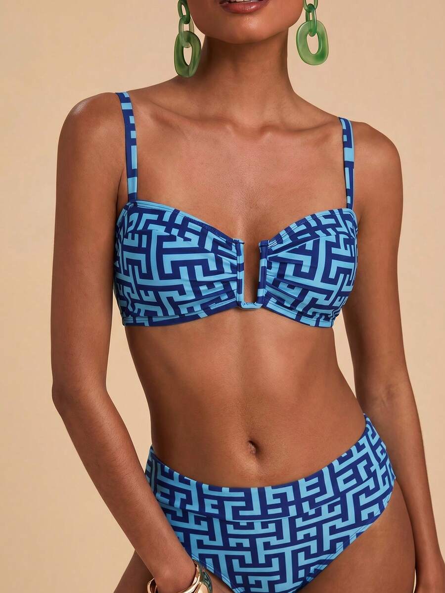 Travachic 女款夏季海灘度假風全印花抓皺胸部兩件式比基尼套裝 - 彩色 - 查看 1