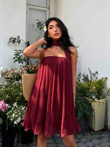 Sunnyshic Solid Color Pleated Bandeau A-Line Mini Dress - Burgundy - View 3