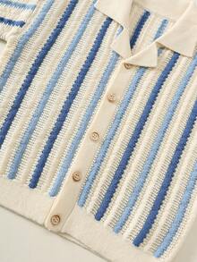 SHEIN 2pcs/Set Kids Young Boy Summer Cute Casual Blue & White Striped Short Sleeve Top & Striped Shorts Knit Sweater Set, Vacation Outfit, Summer Set, Shirt Set, Knit Set, Boys Outfit - Multicolor - View 8