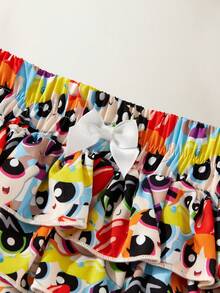 THE POWERPUFF GIRLS X SHEIN Maija Kids 女童圖案針織軟綿圓領短袖套頭T恤與鬆緊腰分層裙褲兩件套 - 彩色 - 查看 5