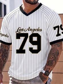 Manfinity Gritte Field 男士 Los Angeles 79 號條紋網眼 V 領運動球衣，快乾透氣棒球短褲 - 彩色 - 查看 5
