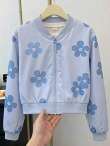 Girls' Floral Plant Leaf Print Short Pastoral Baseball Jacket, Thin Autumn Style - Blue - View 7