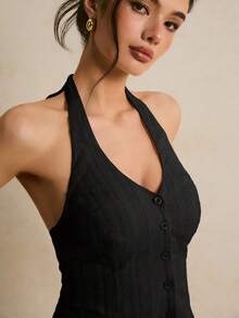 Poéselle Women's Solid Color Front Button Backless Halter Top - Black - View 4