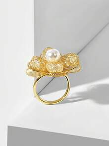 MOTF PREMIUM Anillo de flor hueca con apertura chapado en oro de 18K, nueva joyería de moda para mujer - Amarillo Oro - Ver 8