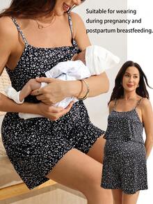 SHEIN 孕婦全身印花哺乳功能休閒日常外出細肩帶連身褲 - 黑色 - 查看 1
