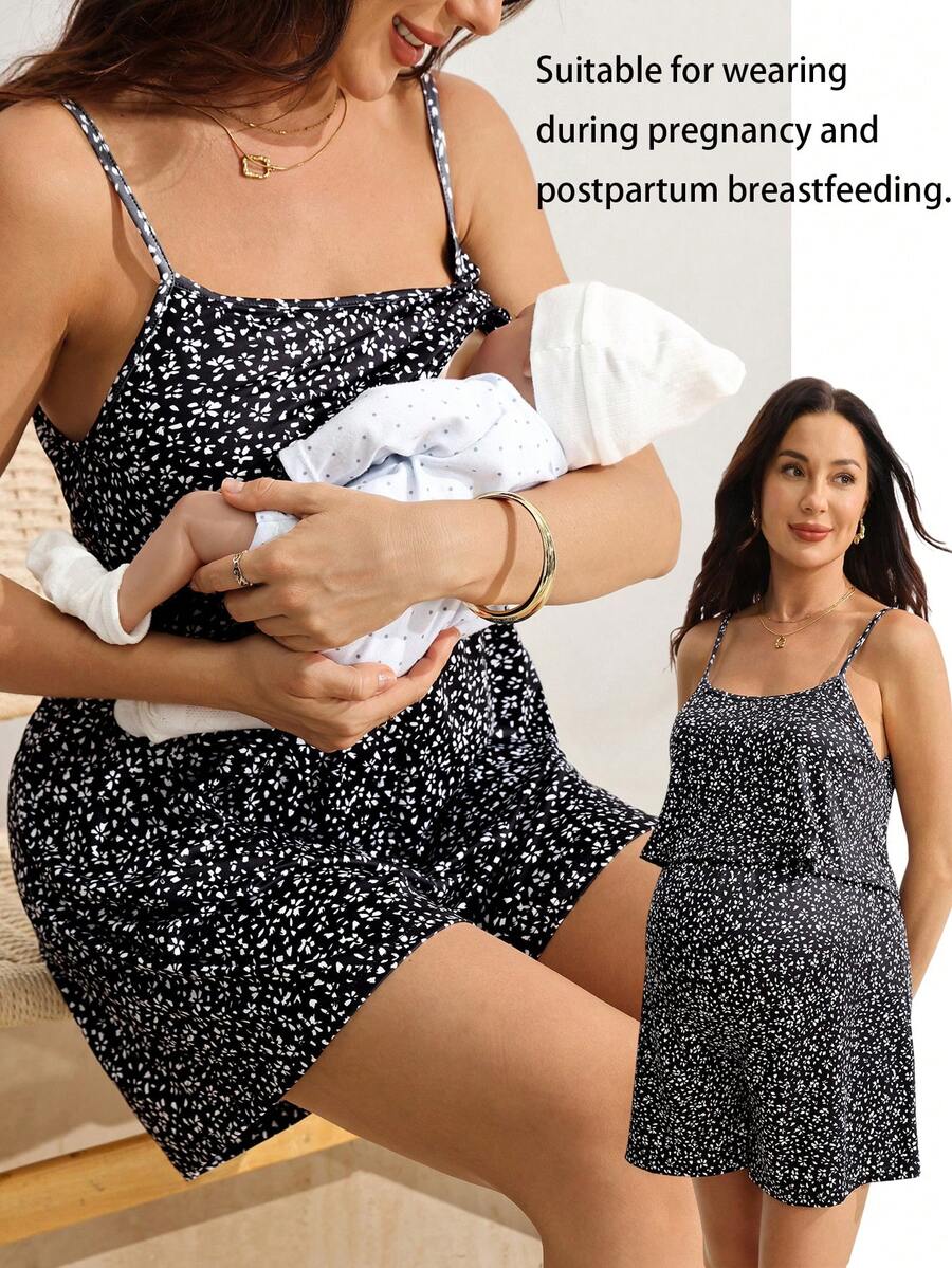 SHEIN 孕婦全身印花哺乳功能休閒日常外出細肩帶連身褲 - 黑色 - 查看 1