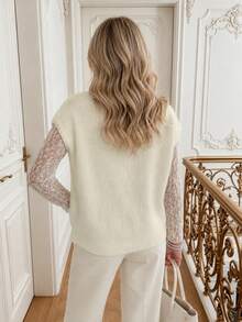 SHEIN Holidaya Plus-Size Women's Spring/Fall Casual Style: Simple, Versatile, And Feminine. Solid-Color, Soft And Plush Textured Knit. Gold-Button V-Neck Loose-Fit Plus-Size Knit Vest. Perfect For Spring And Fall. - White - View 2
