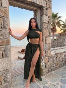 Slaydiva 2026休閒海灘俱樂部度假泳池優雅性感百褶罩衫女款黑色夏季 - 黑色 - 查看 8