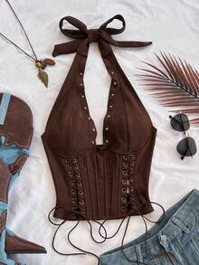 Soleia (No Chest Padding)Plus Size Women's Brown Suede V-Neck Camisole,Summer Western Night Holiday Backless Tie-Up Top For Vacation. - Brown - View 6