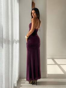 Aloruh Robe de soirée de fête élégante et sexy en patchwork de dentelle violet foncé extra longue - Prune - Voir 4