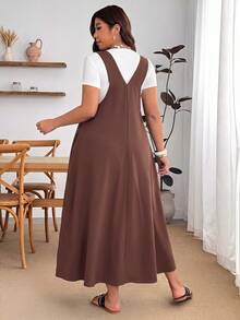 Enliva Plus Size Loose Black Strap Dress - Brown - View 2