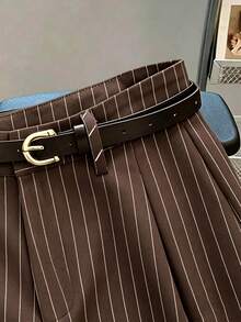 SHEIN Franclia 時尚簡約休閒女款條紋印花短褲，通勤與日常穿搭皆宜，夏季短褲，附腰帶正式場合短褲 - 棕色 - 查看 4
