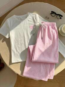 Comfortcana 2件組刺繡圓領短袖上衣與條紋印花長褲，休閒風 - 淺粉色 - 查看 3