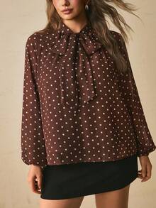 Freevana French Retro Elegant | Brown Polka Dot Sheer Chiffon Long Sleeve Blouse Neck Bow Loose Fit Top - Coffee Brown - View 4