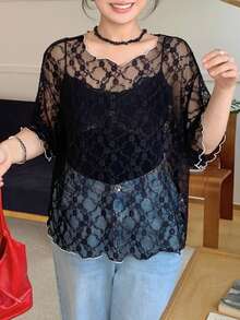 Dazy Plus Elegant Lace Contrast Patchwork Fitted Sheer Short Sleeve Black T-Shirt Spring/Summer Dates Evening Formal Birthday Vacation - Black - View 1
