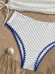 Swim Lushoire Mature Sexy Thin Striped Special Fabric Long Pants Swimsuit Top And High Waist Triangle Bikini Bottom 2 Pieces Set - White - View 3