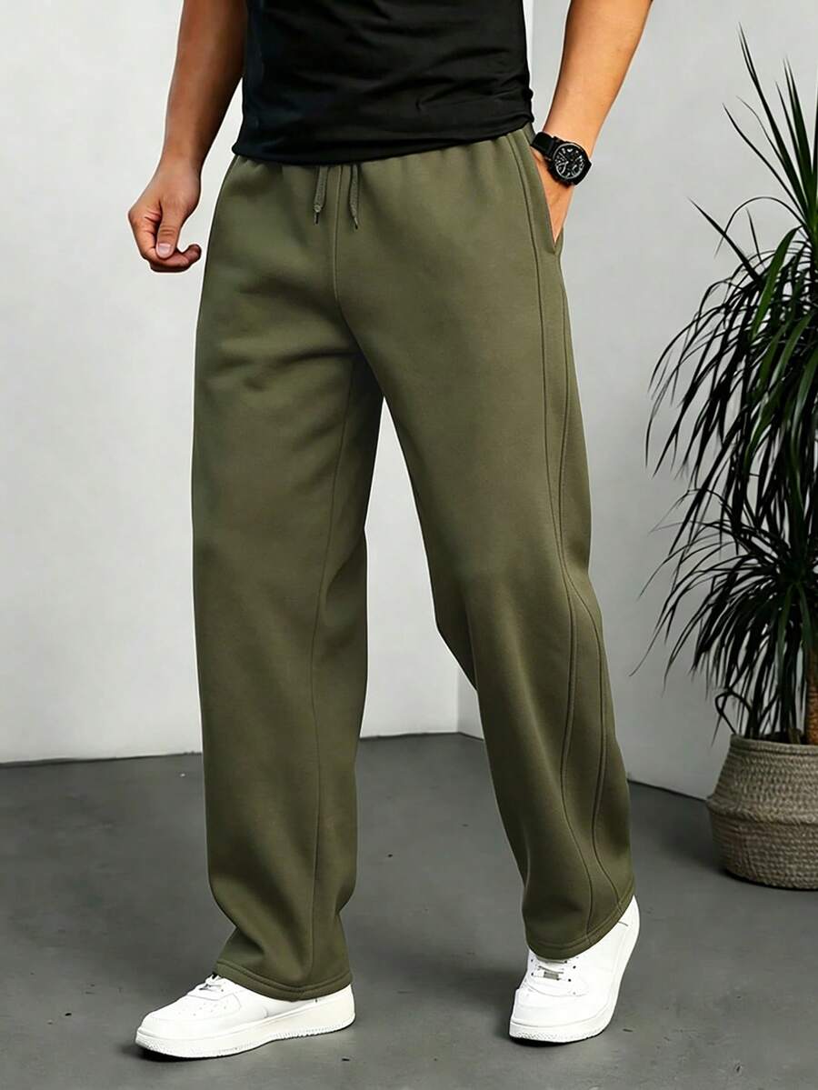 HUEFORM Men's Casual Versatile Solid Color Drawstring Waist Pocket Sweatpants - Army Green - View 1