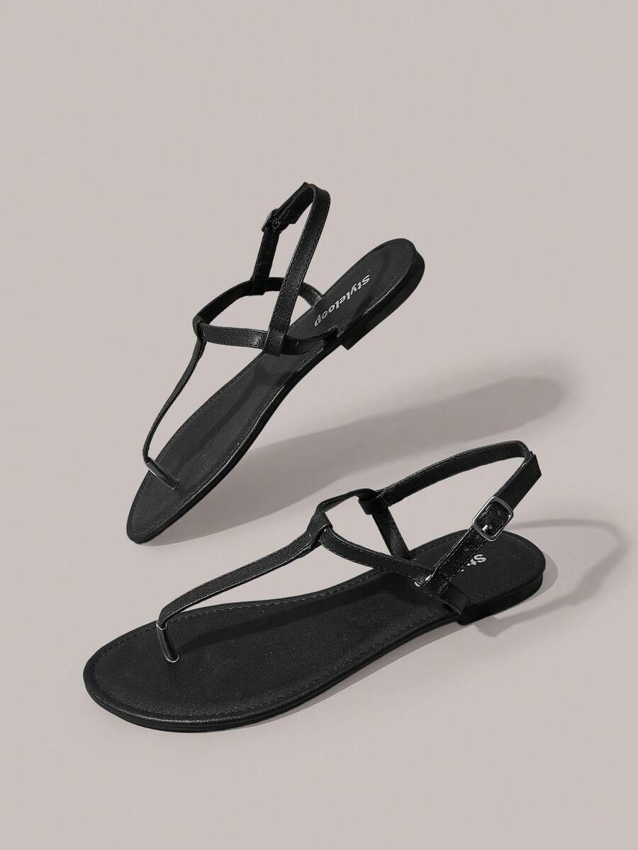 Styleloop Sandal Wanita Motif Tulang Ikan dengan Desain Datar, Gaya Liburan Bohemian, Wajib Dipakai untuk Perjalanan Musim Panas, Bernapas dan Serbaguna - Hitam - View 1