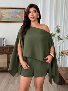 Weeklong Plus Size Women's Asymmetrical Design Top + Shorts 2 Pieces Set - Army Green - View 4