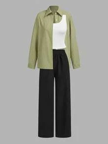 SHEIN LUNE 女款休閒白色黑色襯衫與長褲3件套秋季服裝套裝 工作服 日常度假早午餐辦公室旅行城市短途綠色條紋 - 綠色 - 查看 15