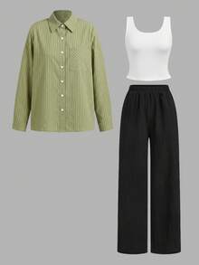 SHEIN LUNE 女款休閒白色黑色襯衫與長褲3件套秋季服裝套裝 工作服 日常度假早午餐辦公室旅行城市短途綠色條紋 - 綠色 - 查看 16
