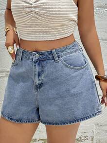 Dazy Plus Regular Mid-Waist Floral Embroidered Back Pocket Casual Plus Size Women's Denim Shorts, Spring/Summer Vacation - Light Wash - View 6