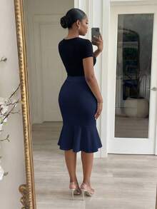 SHEIN Lady CURVE 大尺碼女款純色魚尾裙擺半身裙 - 藏蓝色 - 查看 2
