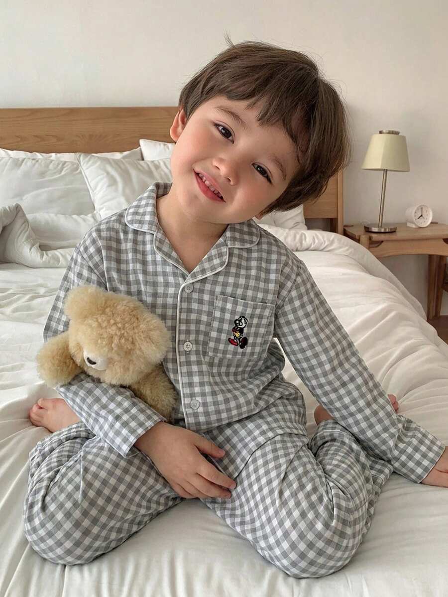 Hapijoa 男童格子长袖单排扣口袋上衣和裤子睡衣套装 - 灰色 - 查看 1