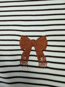 INAWLY 女款休閒條紋蝴蝶結刺繡運動衫，秋季 - 杏色 - 查看 5